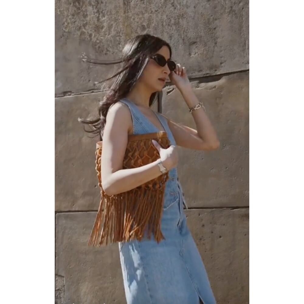 Penrose Leather Pouch Clutch Saddle Suede Cage W/Fringe/Tassels NEW - Picture 2 of 8
